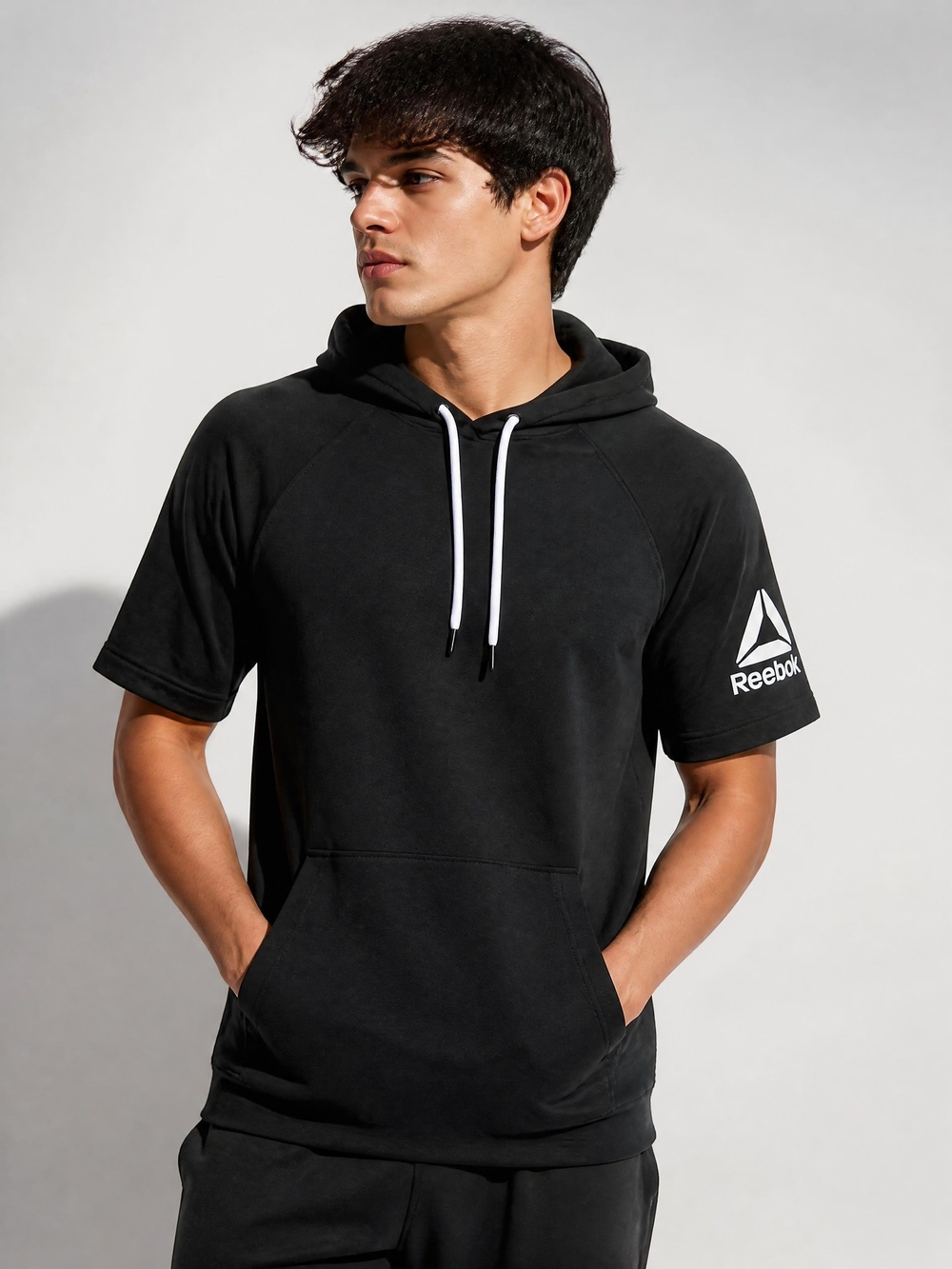 Reebok Black Short Sleeve Hooded Sweatshirt Kangaroo